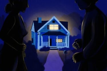 illustration of a house in the dark with silhouette of a man and a woman with clenched fists