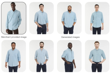 An image provided by the merchant of a model wearing a blue oxford button-up shirt serves as the basis for seven AI-generated images of different models in the same shirt.