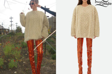 Hailey Baldwin: Beige Sweater, Orange Boots