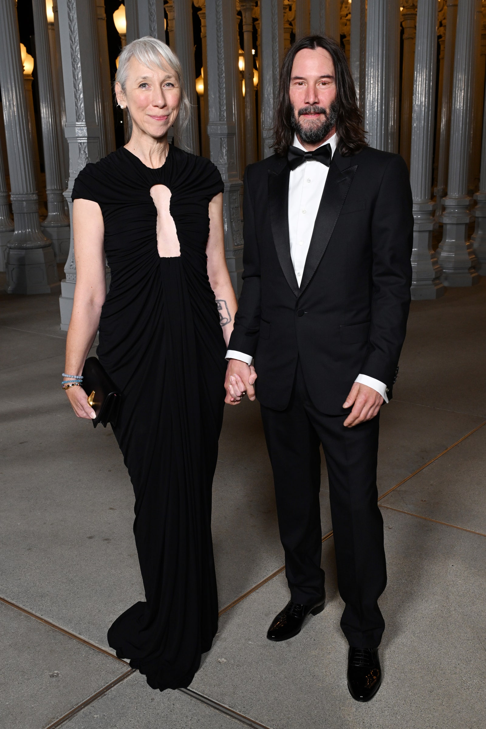 LOS ANGELES CALIFORNIA  NOVEMBER 04  Alexandra Grant and Keanu Reeves wearing Gucci attend the 2023 LACMA ArtFilm Gala...