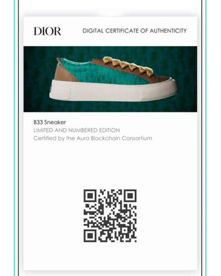 A picture of Dior's B33 sneaker appears in a phone interface featuring a QR code.