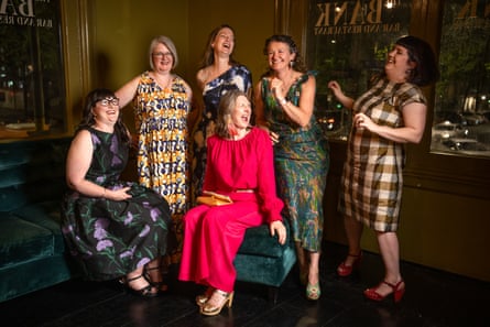 Libby Hughes, Lara Finlayson, Lizzy Brennan, Helen Lamb ( sitting) Nicole Waters and Carita Kazakoff at the Frocktails event at The Bank on Collins in Melbourne’s CBD.