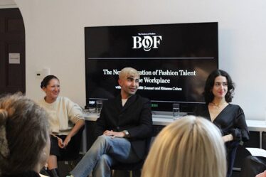 Three panellists sit in front of screen reading 'The Next Generation of Fashion Talent and the Workplace' at the Jimmy Choo Academy. From left, the panellists are: Rhianna Cohen, creative director at Mørning; Pavel Dler, founder and CEO at Culted; and Erifili Gounari, founder of The Z Link.