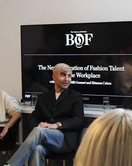 Three panellists sit in front of screen reading 'The Next Generation of Fashion Talent and the Workplace' at the Jimmy Choo Academy. From left, the panellists are: Rhianna Cohen, creative director at Mørning; Pavel Dler, founder and CEO at Culted; and Erifili Gounari, founder of The Z Link.