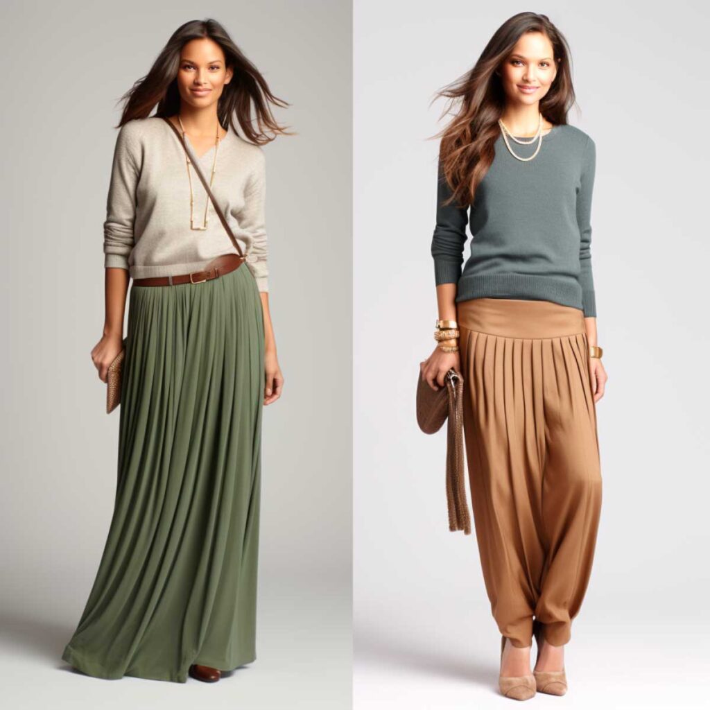 Petite woman in long skirt and oversized sweater, exemplifying fashion don'ts.