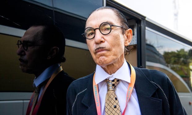 Ron Mael from Sparks photographed outside his tour bus.