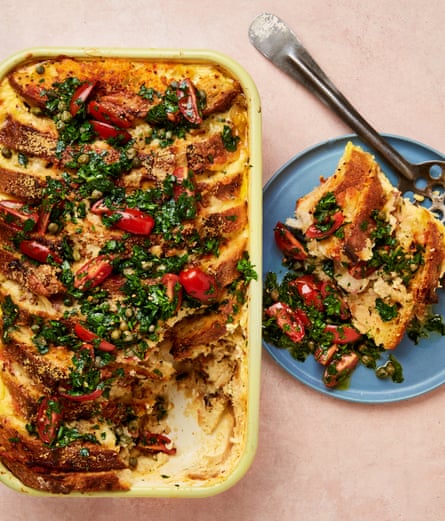 Yotam Ottolenghi breakfast strata with tomatoes and capers.