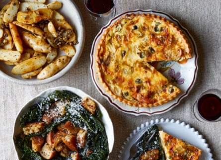 Rosie Birkett’s cheeseboard leftovers transformed into a cheese and onion tart, le touquet potatoes and a kale salad with parmesan and croutons.