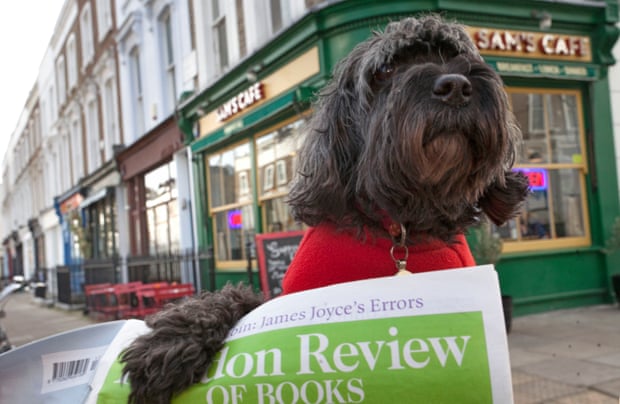 A dog outside a cafe with its paw on a copy of the London Review of Books