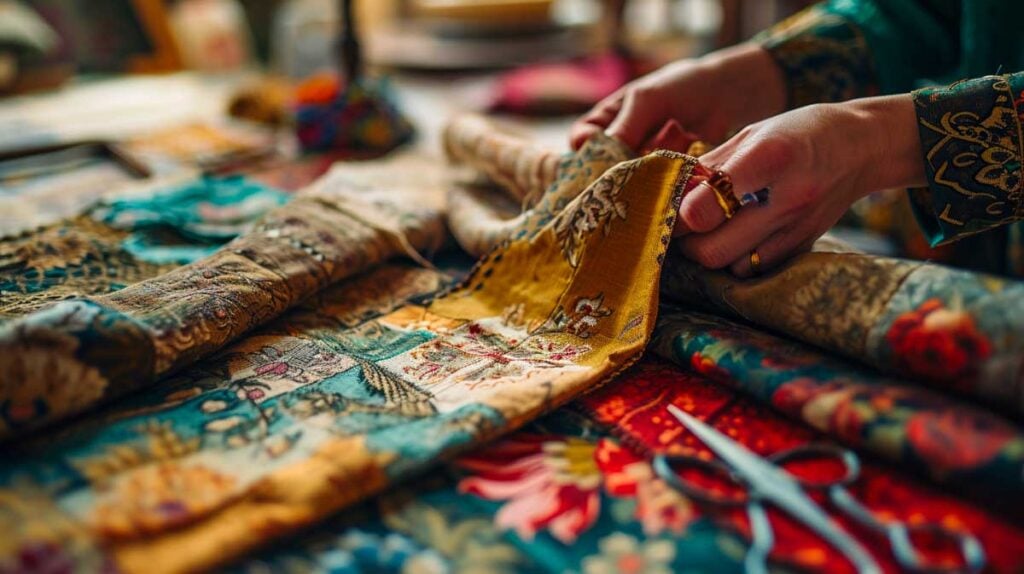 Close-up of hands sewing a traditional patterned fabric, with scissors and thread in background.