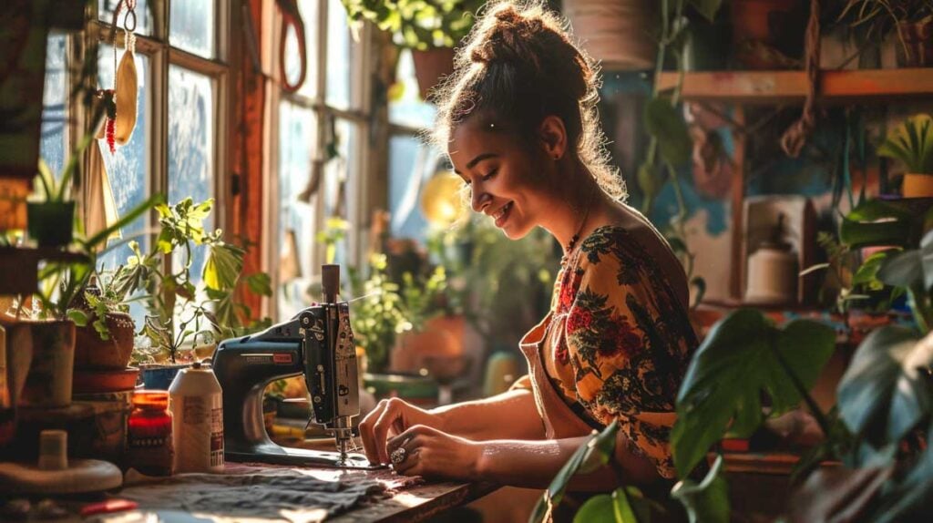 Smiling young woman sewing on a machine in a sunlit room filled with plants.
