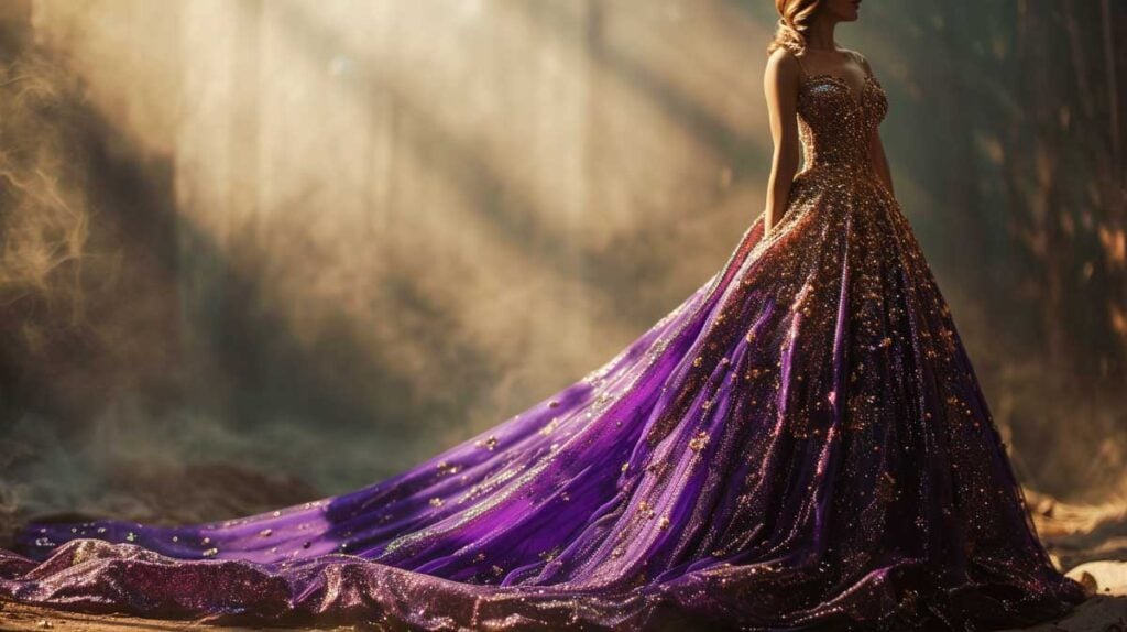 Elegant purple sequined gown with a long train in a mystical forest setting, glittering in sunlight.
