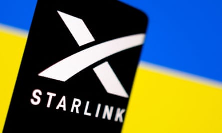 Illustration showing Starlink logo and Ukraine flag
