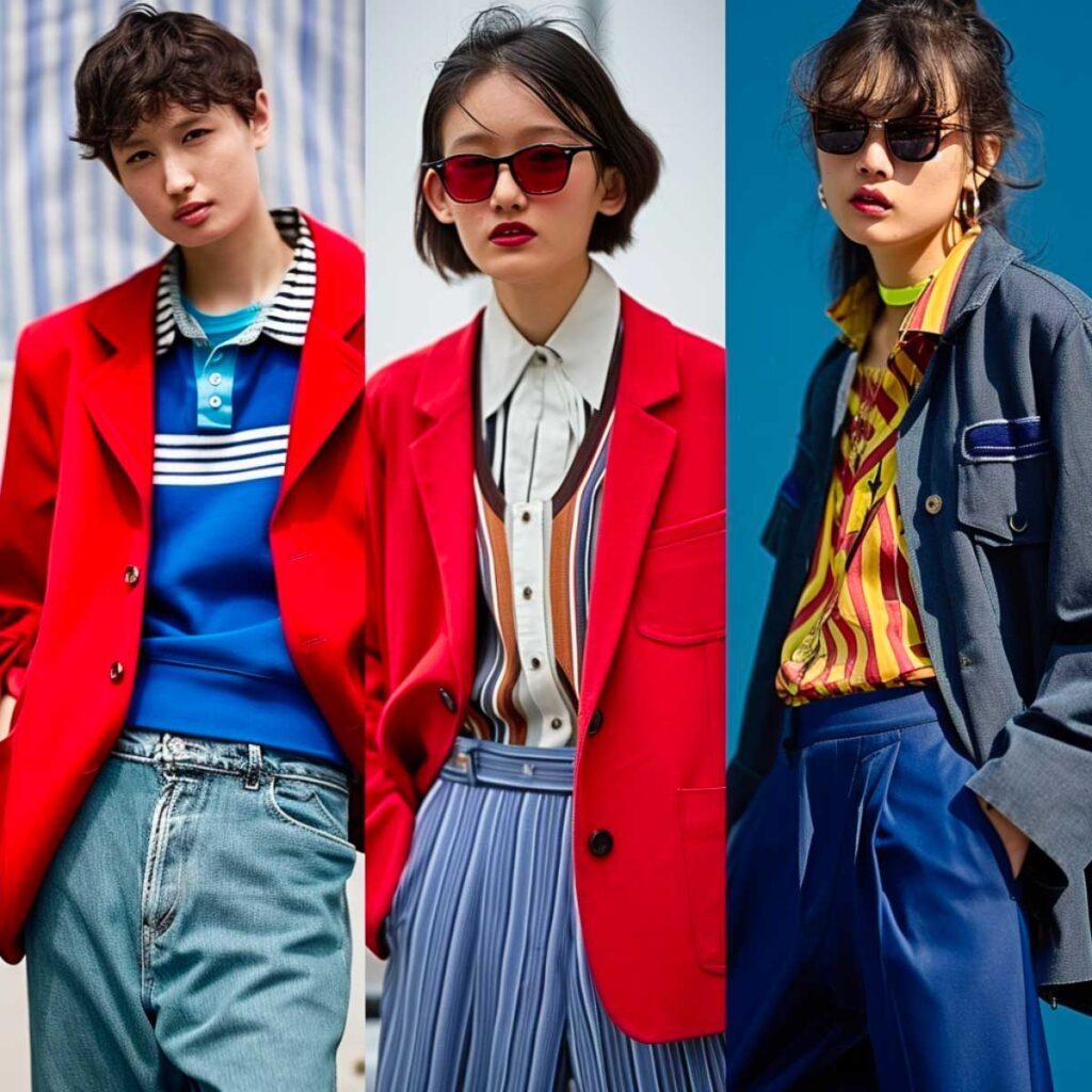 Three models in retro American-inspired fashion with bold red jackets and sunglasses