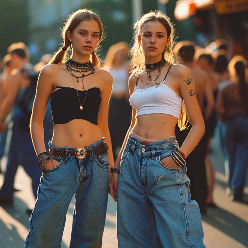 Twin models in low-rise jeans and crop tops with layered necklaces at sunset