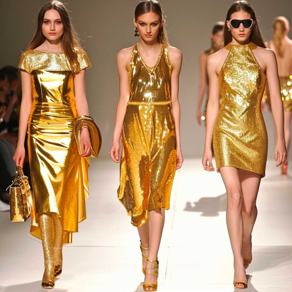 Models in golden dresses showcasing metallic fashion on the runway