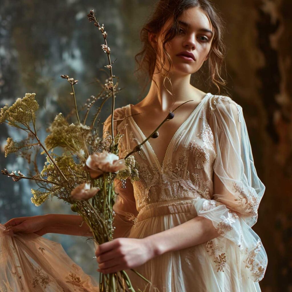 Elegant model in a vintage ivory lace gown holding delicate wildflowers