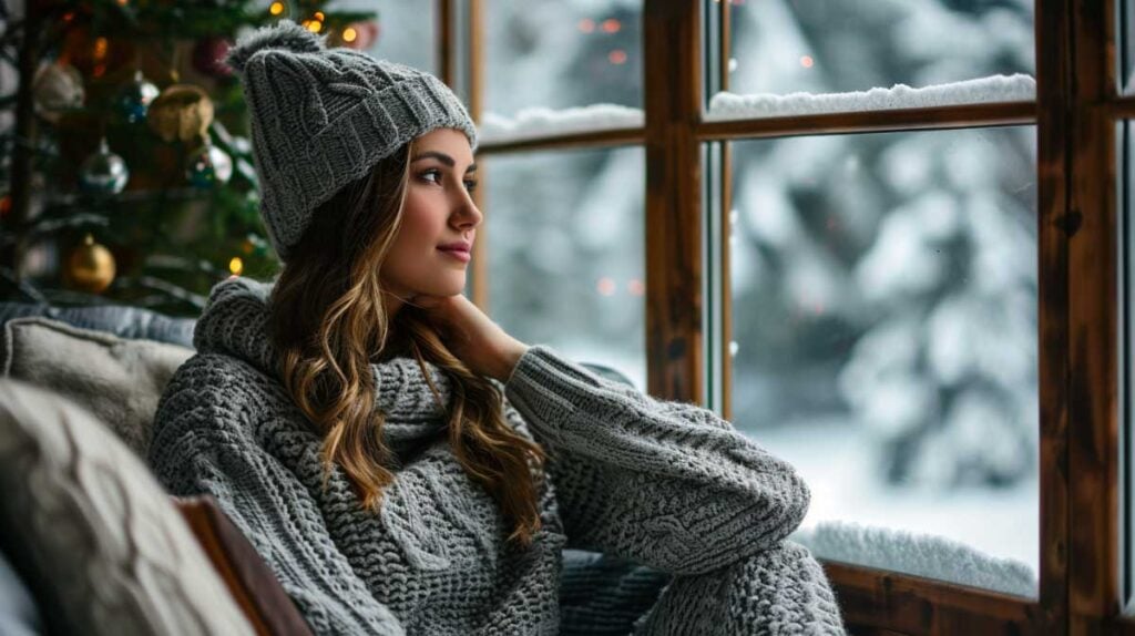 Woman in knitted winter attire gazing out at snow through window, festive decor in background.