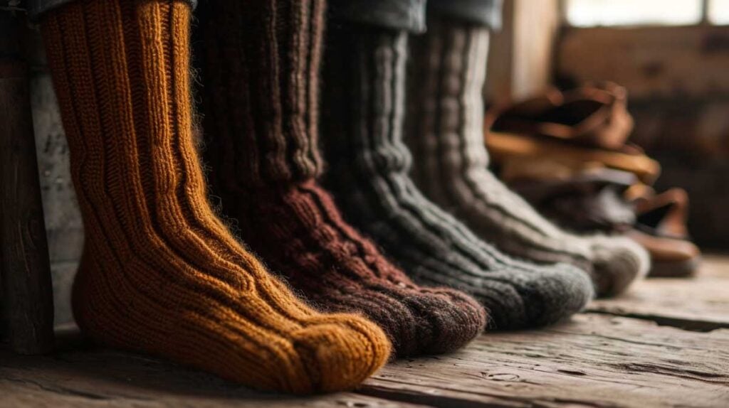 Row of knitted cashmere leg warmers in autumn hues on rustic wooden floor.