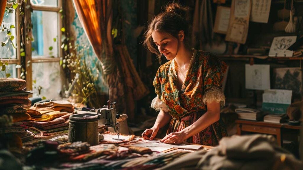 Artisan crafting sustainable fashion with vintage fabrics in a sunny workshop