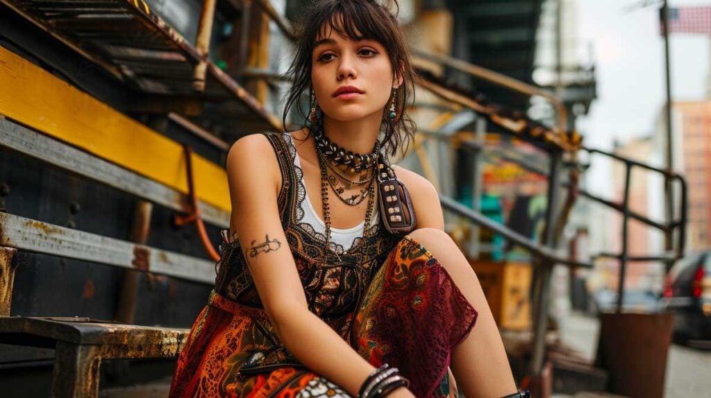 Trendy woman in boho upcycled outfit sitting on urban stairs with graffiti