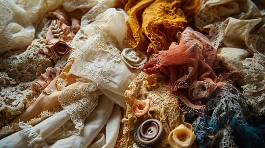 Assorted vintage lace fabrics and buttons for sustainable reclamation fashion