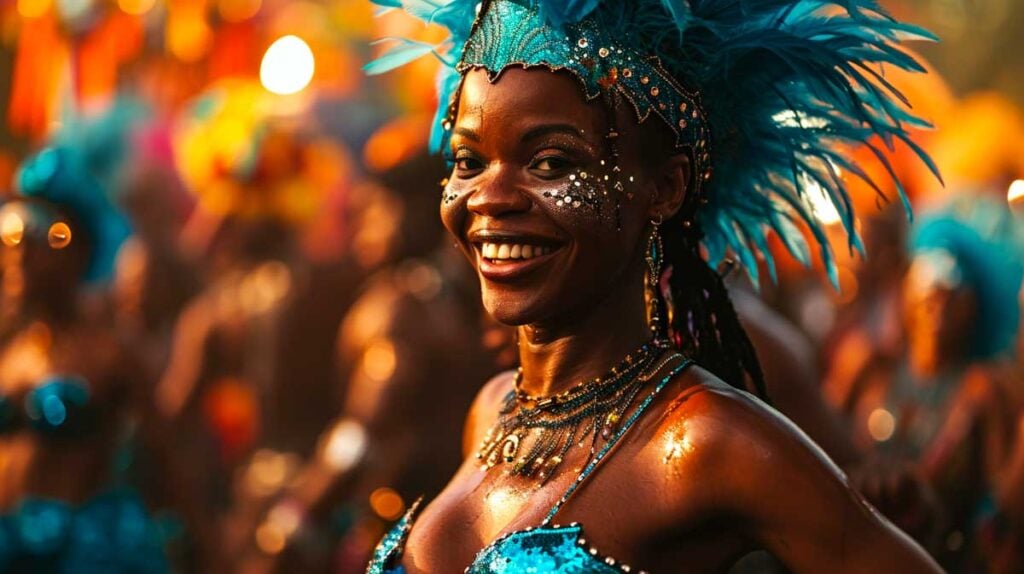 Joyful Carnival participant with blue feather headdress and bejeweled makeup smiling.