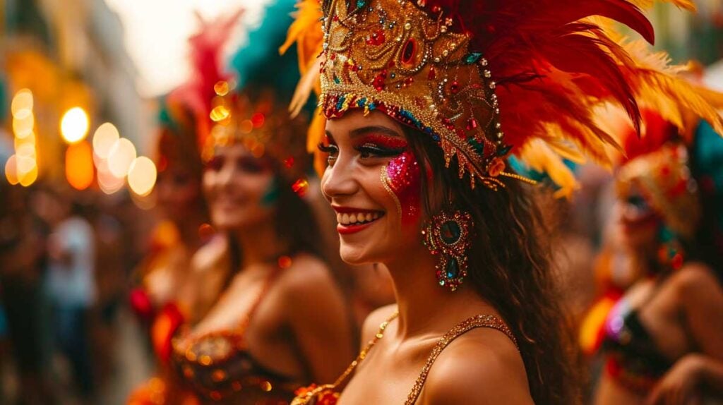 Smiling woman in golden feathered headdress and jewel makeup at Carnival.