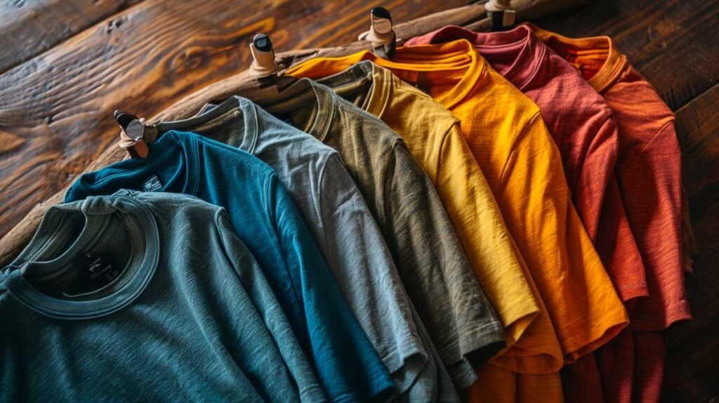 Colorful cotton t-shirts on hangers arranged in a row on a wooden background.