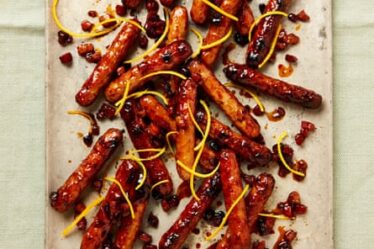 Yotam Ottolenghi’s sticky treacle sausages with whisky and orange.
