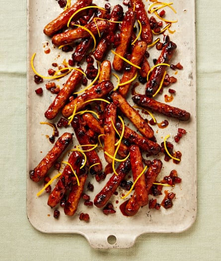 Yotam Ottolenghi’s sticky treacle sausages with whisky and orange.