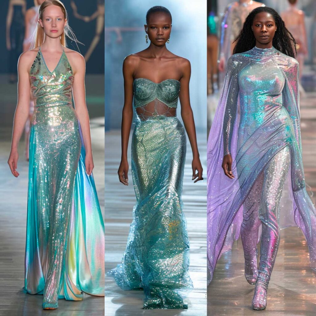 Three models on runway in shimmering, sequined evening gowns in iridescent blues and purples