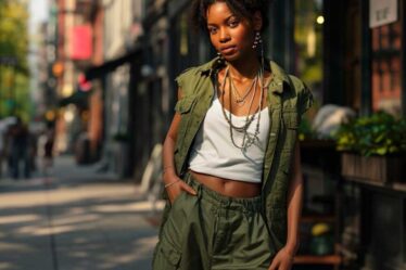 Fashionable woman in olive harem pants and white crop top on an urban street.