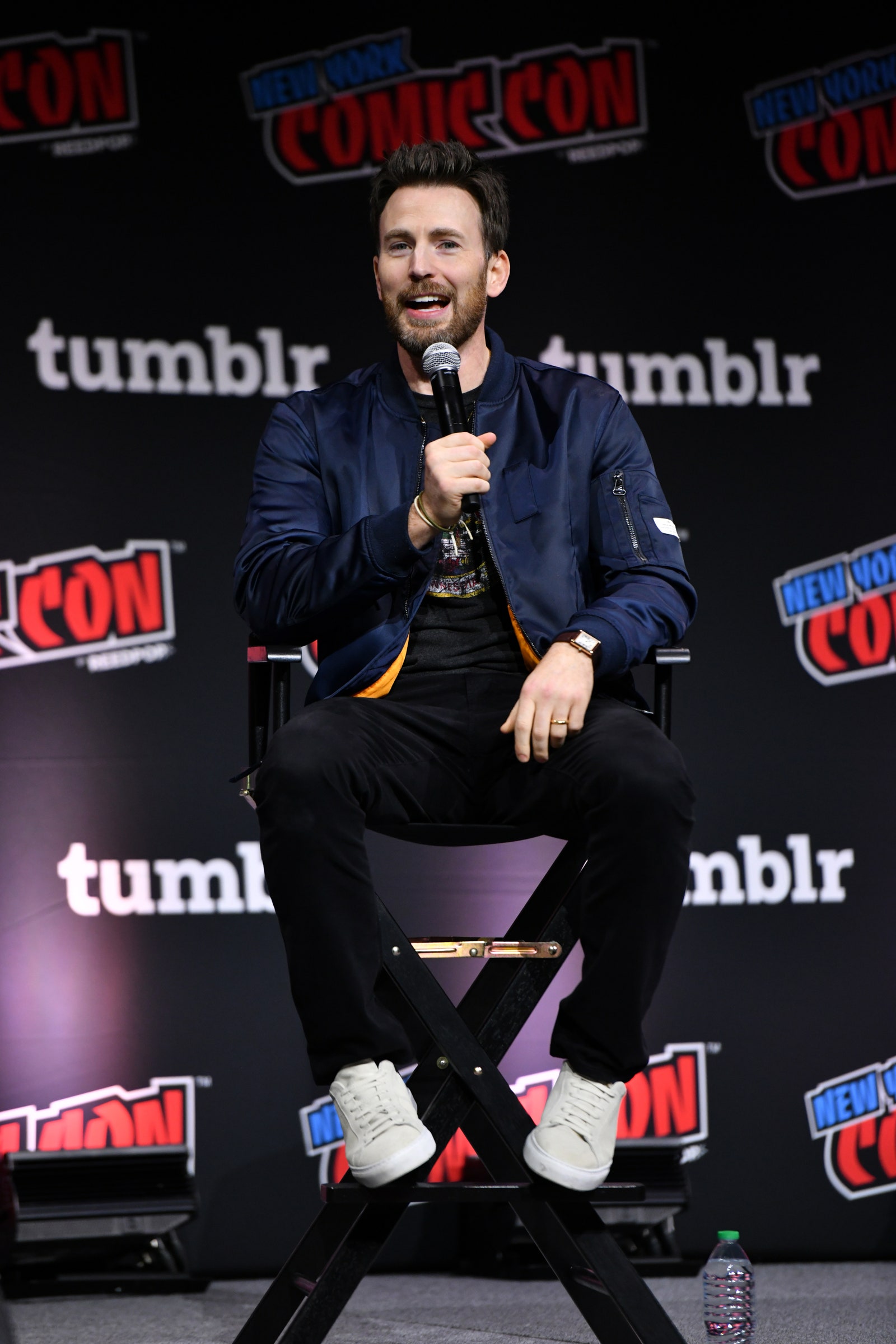 Chris Evans speaks at a Spotlight panel during New York Comic Con 2023 on October 14 2023.