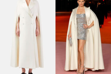Elizabeth Banks' Dolce & Gabbana Satin-Lapel Double-Breasted Cape Coat