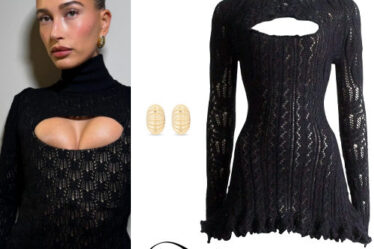 Hailey Baldwin: Black Knit Dress, Gold Earrings