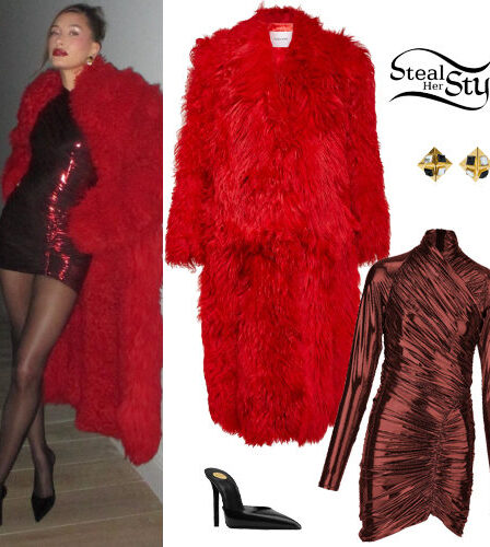 Hailey Baldwin: Metallic Dress, Red Coat