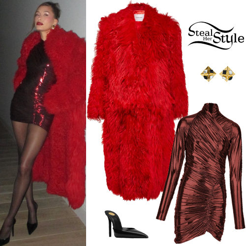 Hailey Baldwin: Metallic Dress, Red Coat