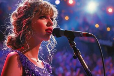 Taylor Swift performs in sequined Speak Now dress, captivating audience at her concert.