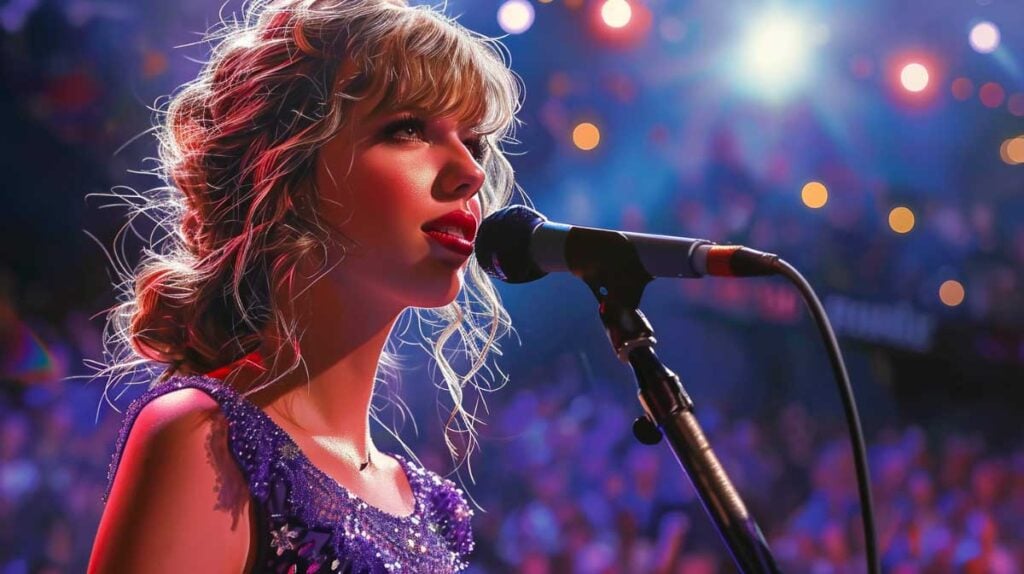 Taylor Swift performs in sequined Speak Now dress, captivating audience at her concert.