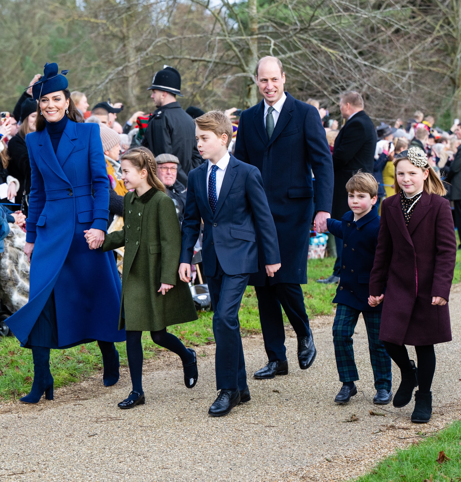Kate William George and Louis opted for various shades of blue—while Princess Charlotte stood out in an olive green coat.