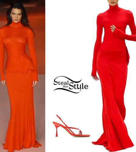 Kendall Jenner: Red Gown and Sandals