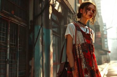 Stylish young woman in upcycled patchwork dress on urban street at sunset