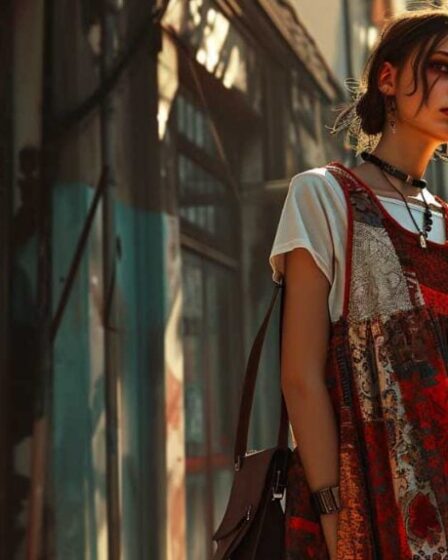 Stylish young woman in upcycled patchwork dress on urban street at sunset