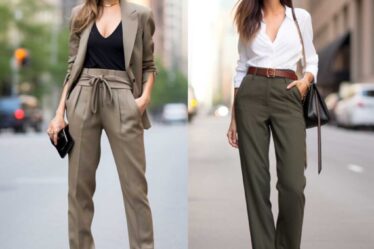 Petite fashion styles with fitted blazers and high-waisted trousers in urban backdrop.