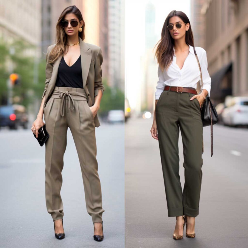 Petite fashion styles with fitted blazers and high-waisted trousers in urban backdrop.