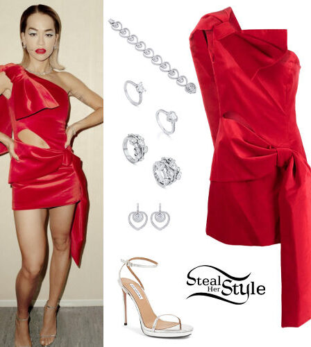 Rita Ora: Red Mini Dress, Silver Sandals