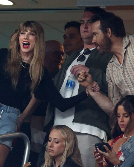 Sophie Turner Taylor Swift and Ryan Reynolds at MetLife Stadium on October 1 2023.