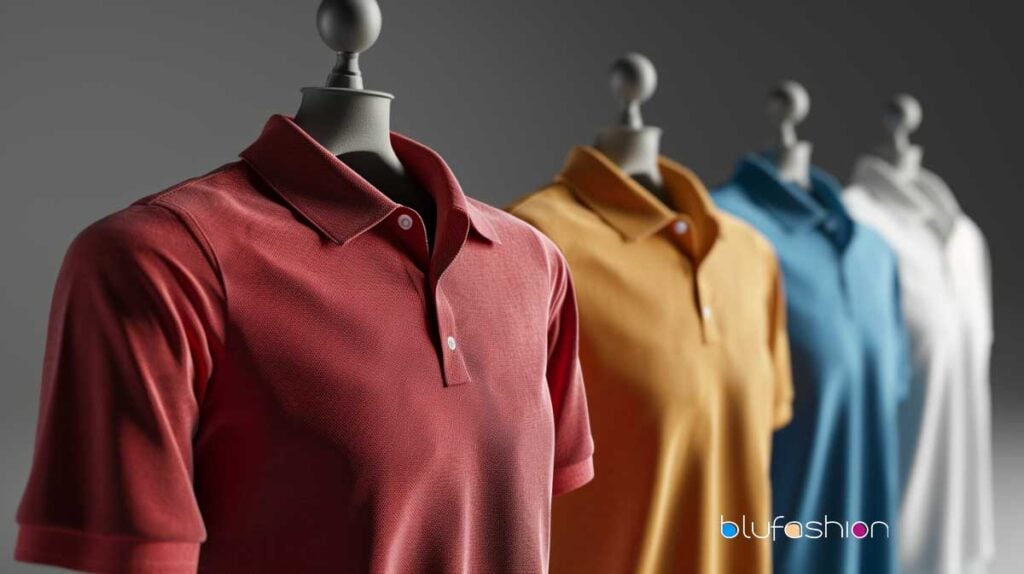 Assortment of colorful polo shirts on mannequins against a grey background.