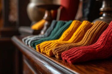 Assorted colorful cashmere leg warmers on wooden surface, indoor elegant setting.